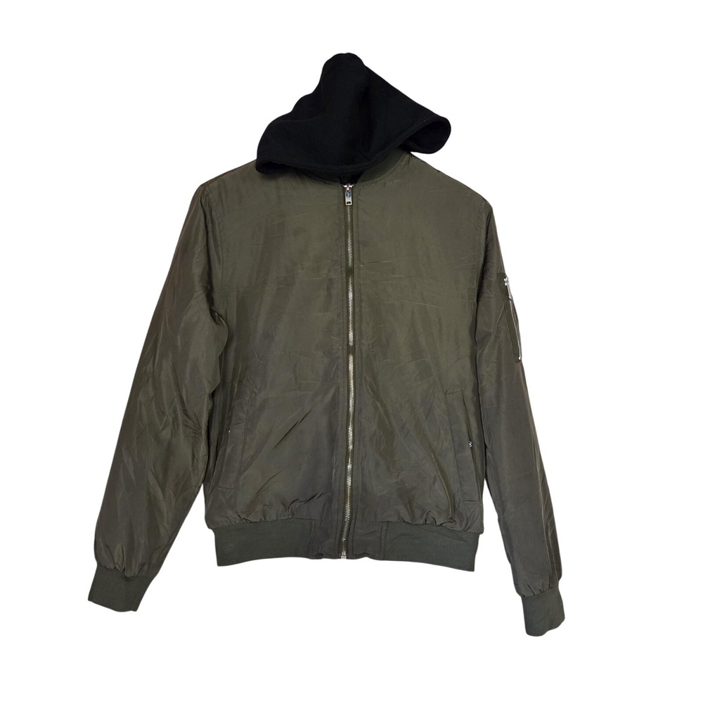 Forever 21 Jacket Mens Small Green Hooded Bomber Full Zip Padded Lined Insulated